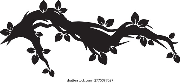 Elongated silhouette of tree branch with sprouting leaves. Represents nature, growth, and organic forms. Ideal for natural themes or decorative accents.