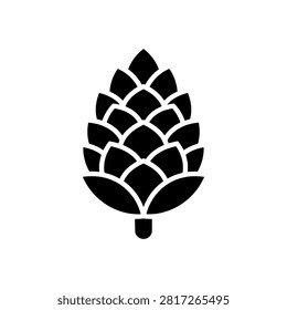 Elongated teardrop shaped pine cone with layered scales, solid black silhouette vector illustration