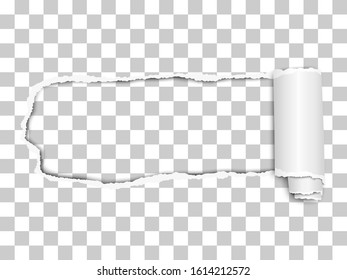 Elongated torn hole from left to right in transparent sheet of paper with soft shadow, paper curl and transparent background in the hole. Vector paper mockup.