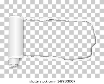 Agujero rasgado alargado de derecha a izquierda en hoja de papel transparente con sombra suave, rizo de papel y fondo transparente en el agujero. Ilustración vectorial. Maqueta de papel.