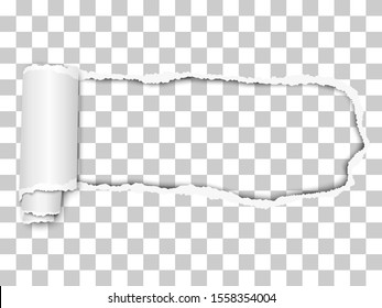 Elongated torn hole from right to left in transparent sheet of paper with soft shadow and paper cur. Vector paper template illustration.