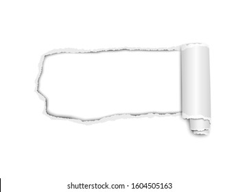 Elongated vector torn hole from left to right in white sheet of paper with soft shadow and paper curl. Paper template illustration.