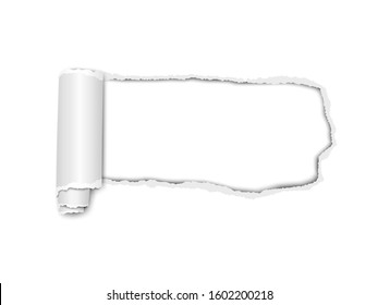 Elongated Vector Torn Hole From Right To Left In White Sheet Of Paper With Soft Shadow, Paper Curl And White Background In The Hole. Paper Template.