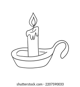 An elongated wax candle in a candlestick drawn by hand. Sketch in doodle style. Burning candle supplied with a handle. Isolated vector illustration with strokes.