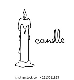 An elongated wax candle and a hand-drawn inscription. Burning candle with melting wax and dripping drops. Sketch in doodle style. Isolated vector illustration with strokes.