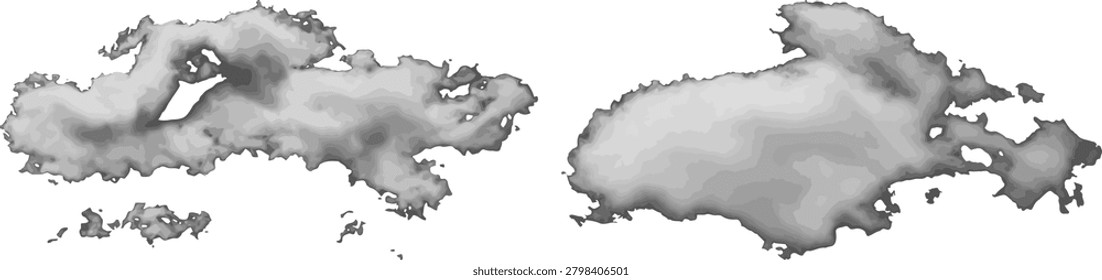 Elongated whispy grey cloud shapes and realistic smoke vectors isolated on white background