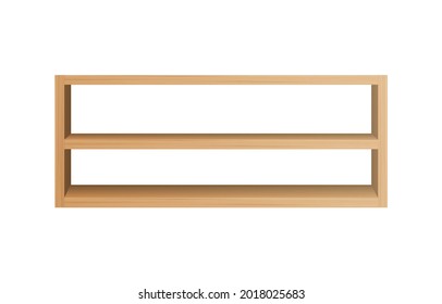 Elongated wood shelves template. Empty long double shelving for books and utensils realistic rack for home and office vector interior.