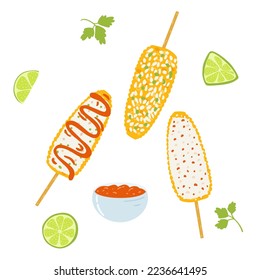 Elot dish in cartoon flat style. Traditional Mexican food, folk cuisine. Hand drawn vector illustration of grilled corn with spices.