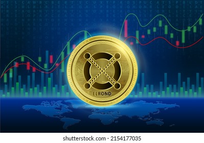 Ilustración del vector 3D Elrond (EGLD). Cryptocurrency blockchain. Futura moneda alternativa de tecnología de reemplazo digital, tabla de acciones dorada plateada. La lista de símbolos de monedas variadas es de fondo.