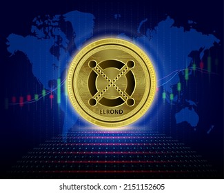Elrond (EGLD) coin. 3D Vector illustration. Cryptocurrency blockchain (crypto currency) Future digital replacement technology. Silver golden virtual currency growth share chart is background.