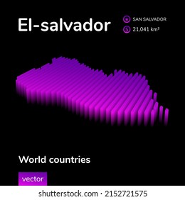 El-salvador 3D map. Vector digital neon isometric striped map is in violet colors on black background. Geographical poster, banner of El-salvador