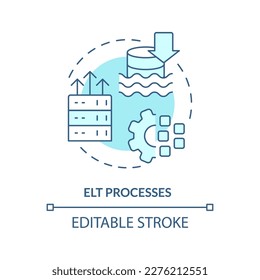 ELT processes turquoise concept icon. Extract, load and transform. Architecture abstract idea thin line illustration. Isolated outline drawing. Editable stroke. Arial, Myriad Pro-Bold fonts used