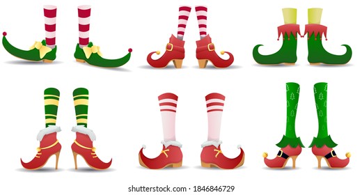 Elven legs elves shoes hat christmas dwarf pants legs with santa gifts isolated set. Shoes for elves feet, Santa Claus helpers. Christmas gnome legs in funny shoes. Vector illustration