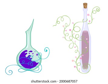 Elven magic glass bottles. Herbal potions. Elvish magic. Glass bottles with swirls plants. Purple potion round bottle. Mallow drink large vial. Pink berry plant. Alchemy and mysticism. Vial with cork.