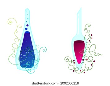 Elven magic glass bottles. Herbal potions. Elvish magic. Glass bottles with swirls plants. Blue potion pear bottle. Berries drink large vial. Berry plant. Alchemy and magical philters.