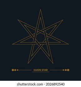 Elven star symbol sign. Magician seven-pointed star as a protective amulet. Line art, art deco color. Esoteric, sacred geometry, witchcraft. Vector golden illustration isolated on black background