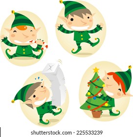 Santa´s Elves action scenes vector cartoon illustration