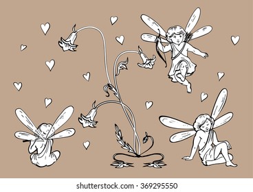 Elves | angels with hearts and flowers in art nouveau style. Hand drawn vector set.