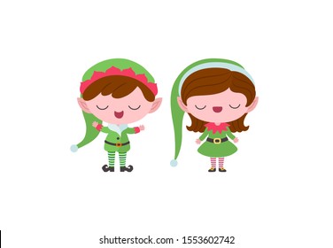 Elves boy and girl. Green male and female costumes. Santa`s little helpers singing carols. Chibi kawaii style. Kids vector illustration isolated christmas characters. Cute image for mascot logo, card.