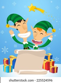 SantaÃ?Â´s Elves with christmas presents vector cartoon illustration