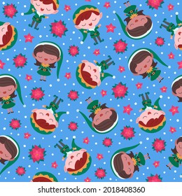 Elves Christmas Seamless Pattern. Winter Repeat Design. Holiday Blue Background. Elf Boy And Elf Girl Vector Illustration. Santa`s Helpers Singing. Wallpaper, Wrapping Paper, Packaging, Fabric Print.