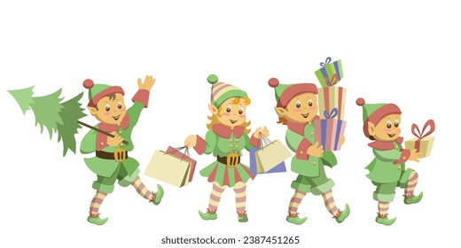 The elves come with gifts and a Christmas tree. Vector illustration.