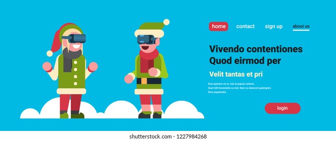 elves couple girl santa claus helper wear virtual reality glasses merry christmas holiday new year concept flat horizontal copy space vector illustration