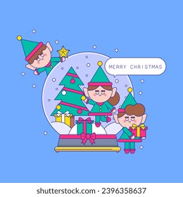 the elves decorate the christmas tree and glass ball.merry christmas.flat design vector
