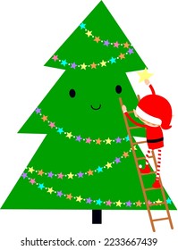 Elves decorating Christmas Tree with decorations and stars