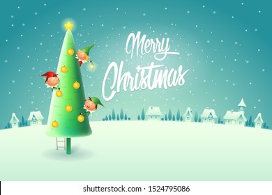 Elves decorating Christmas tree - Merry Christmas greeting card - winter night scene vector illustration