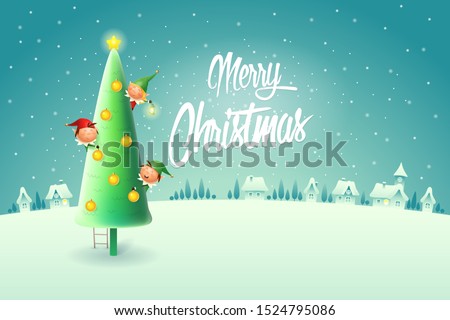 Elves decorating Christmas tree - Merry Christmas greeting card - winter night scene vector illustration