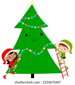 Elves decorating Christmas Tree with Star Fairy lights.  Cute cartoon holiday elf on a vector illustration