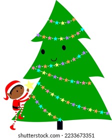Elves decorating Christmas Tree with Star Fairy lights.  Cute cartoon holiday elf on a vector illustration