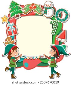 Elves decorating a Christmas-themed frame