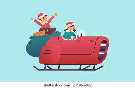 elves driving sleigh car with gifts merry christmas happy new year winter holidays celebration concept greeting card