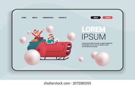 elves driving sleigh car with gifts merry christmas happy new year winter holidays celebration concept greeting card