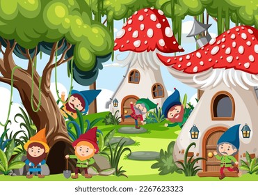 Elves in fairytale forest illustration