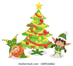 Elves funny cartoon characters tumbling near Christmas tree decorated by toys. Winter holiday card with gnome hero in traditional costume near fir-tree. Postcard with spruce and Xmas assistant vector