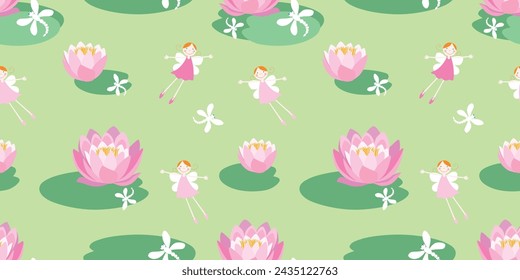 Elves girls cartoon cheerful funny, flying dragonflies on green blooming pond, pink water lilies, seamless pattern, vector background,wallpaper,paper