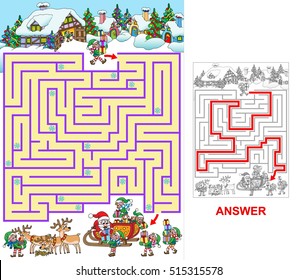 Elves have an important mission - load Santa's sleigh by Christmas presents. Help them to find a path. Labyrinth for kids. Variant with square labyrinth (hard). 