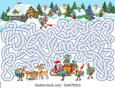 Elves have an important mission - load Santa's sleigh by Christmas presents. Help them to find a path. Labyrinth for kids. Variant with zigzag labyrinth.