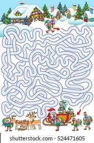 Elves have an important mission - load Santa's sleigh by Christmas presents. Help them to find a path. Labyrinth for kids. Variant with zigzag labyrinth.