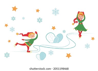 Сhristmas elves ice skating in the snowflake