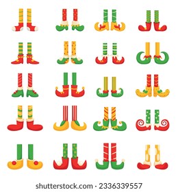 Elves legs, christmas dwarf feet in pants and shoes. Fun elf leg, cute cartoon gnomes elements. Isolated holiday xmas decorative nowaday vector set