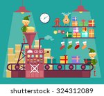 Elves make Christmas and New Year gifts, vetor illustration isolated on background, factory for the production of gifts