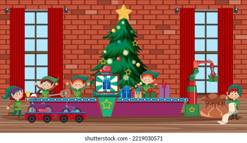 Elves making Christmas presents illustration