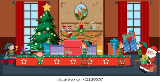 Elves making Christmas presents illustration