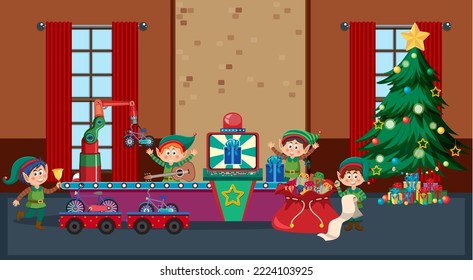 Elves making Christmas presents illustration