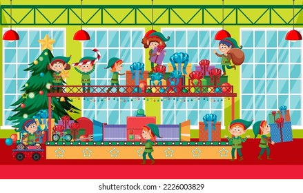 Elves making Christmas presents illustration