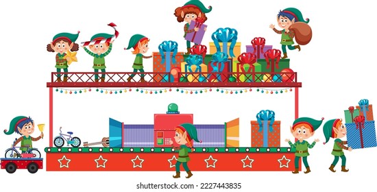 Elves making Christmas presents illustration